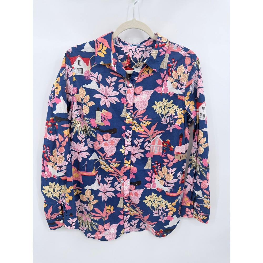 J.McLaughlin Linen Coastal Navy Pink Nautical Lighthouse Floral Cotton Blouse L